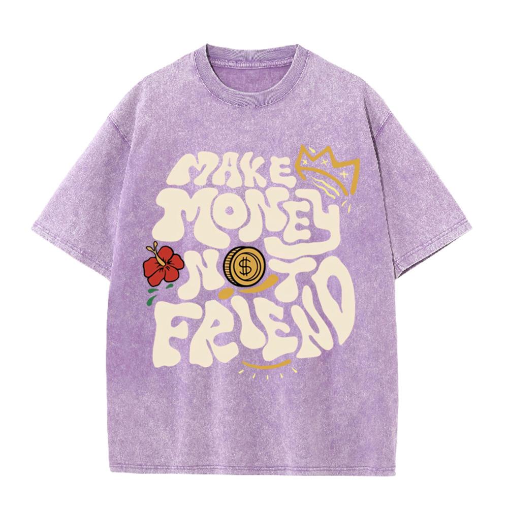 2026 Vintage Washed Black Make Money Not Friend Bubble Letter Graphic T Shirt Crown Coin Floral Oversized Streetwear Short Sleev