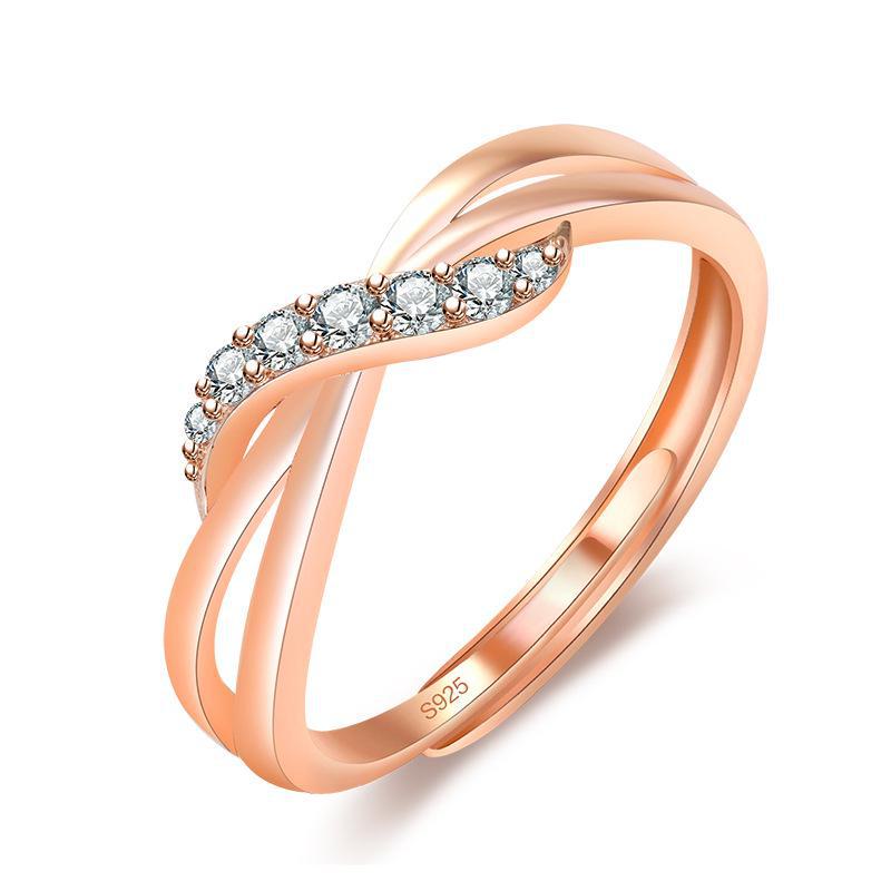 Korean Rose Gold Plated Wave Diamond Ring, Colorful Twist Curve Design for Women, Ideal for Weddings and Special Occasions