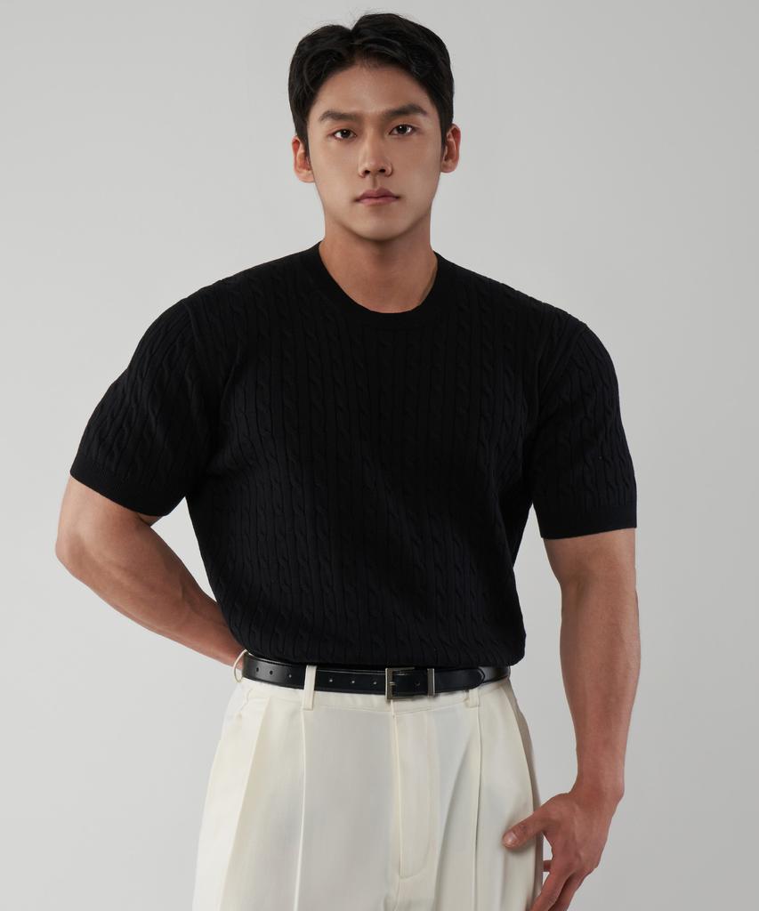 UNTAPPED STUDIO Muscle Fit Washable Cable Short Sleeve Round Knit 3 Colors