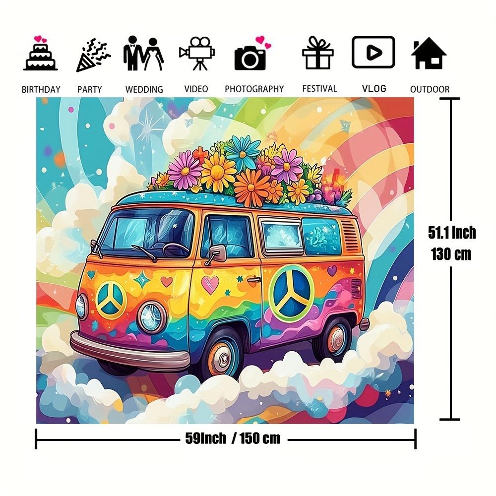 Psychedelic hippie bus and daisy retro party backdrop - multi-functional polyester fabric birthday party decoration