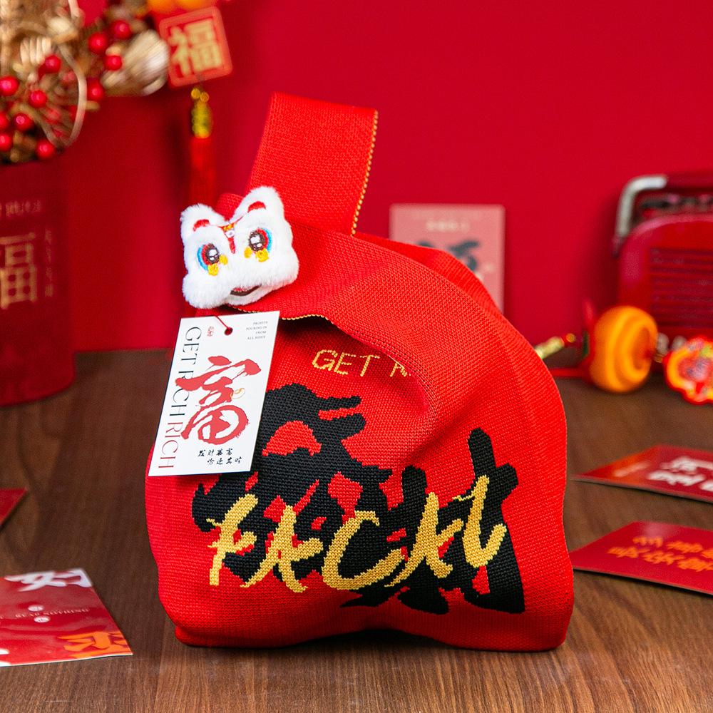 Год Лошади Красный Узел Сумка на Запястье Мультяшный Талисман Пони Вязаная Конфетная Сумка-Тоут Многоразовая Сумка для Покупок Подарочная Упаковочная Сумка