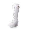 New Style  Spring Autumn Lacing Knee High Boots Women Fashion White Square Heel Woman Leather Shoes Winter Large Size 43
