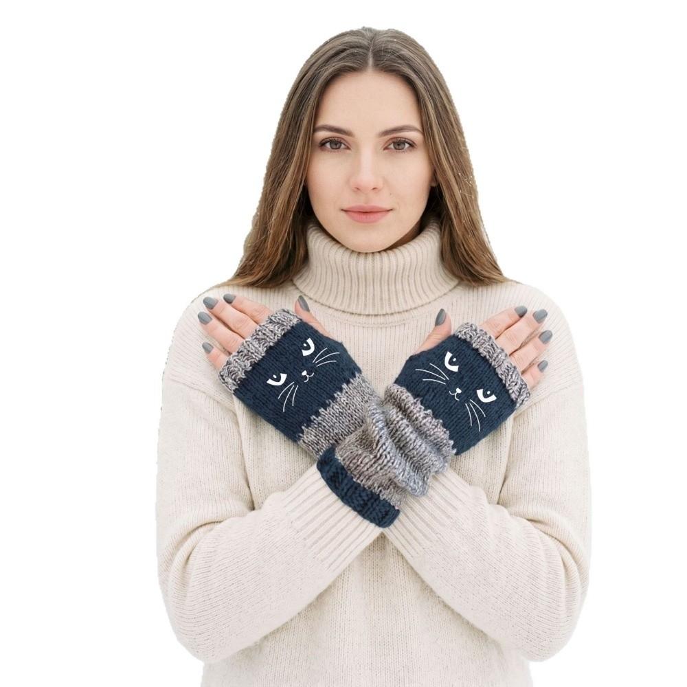 Soft Knitted Fingerless Gloves Thick Cat Embroidery Gloves Vintage Half Finger Gloves Daily