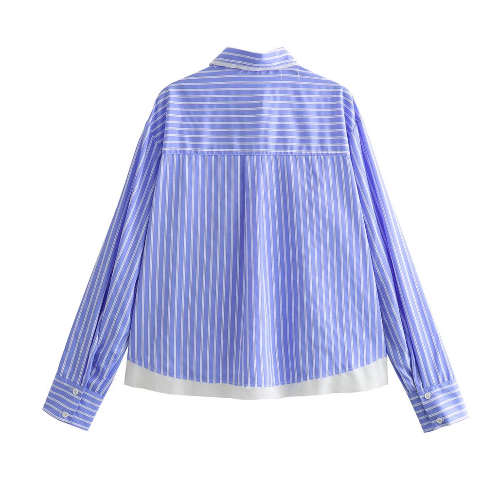 Shirt Women's Clothing Europe and America 1116 Summer New Lapel Loose Stripe Contrasting Cardigan XQJ1116