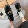 Shoes For Women Metal Chain Oxford Woman New Slip On Square Heel Platform Shoe Round Toe Solid Leather Casual Loafers