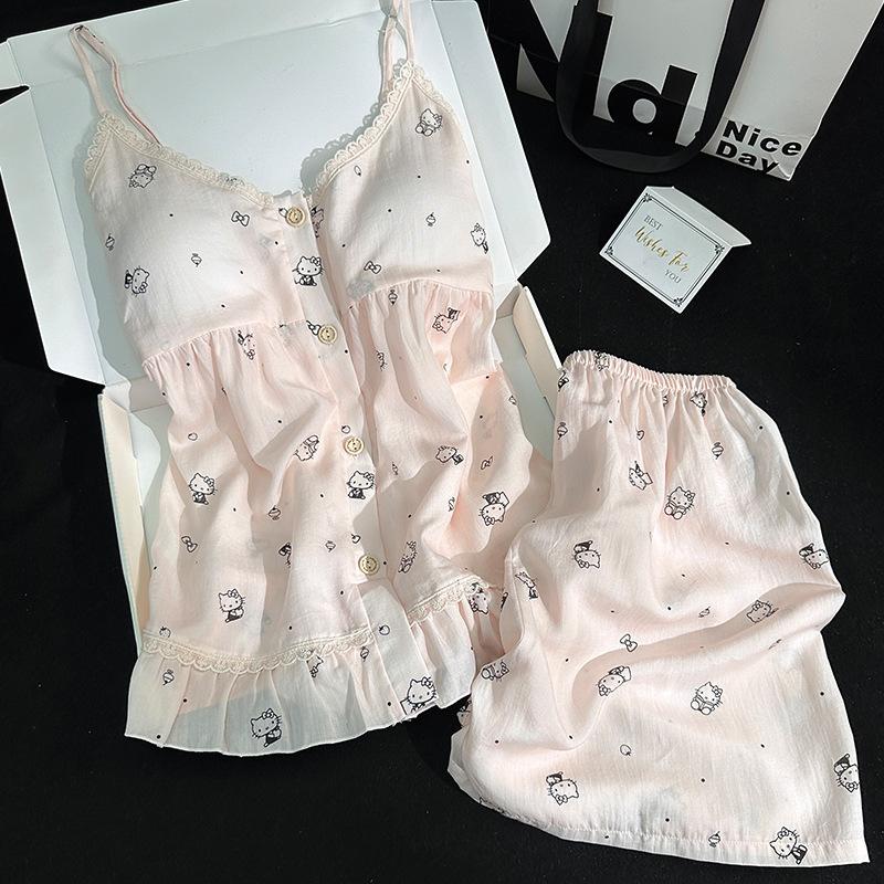 Cartoon suspenders lace pajamas ladies lyocell sweet cute wind shorts summer loungewear comfortable suit