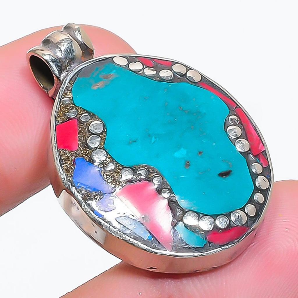 Vintage Nepal Pendant 1.6" Natural Turquoise Coral Lapis Lazuli Buddhist NP 2387