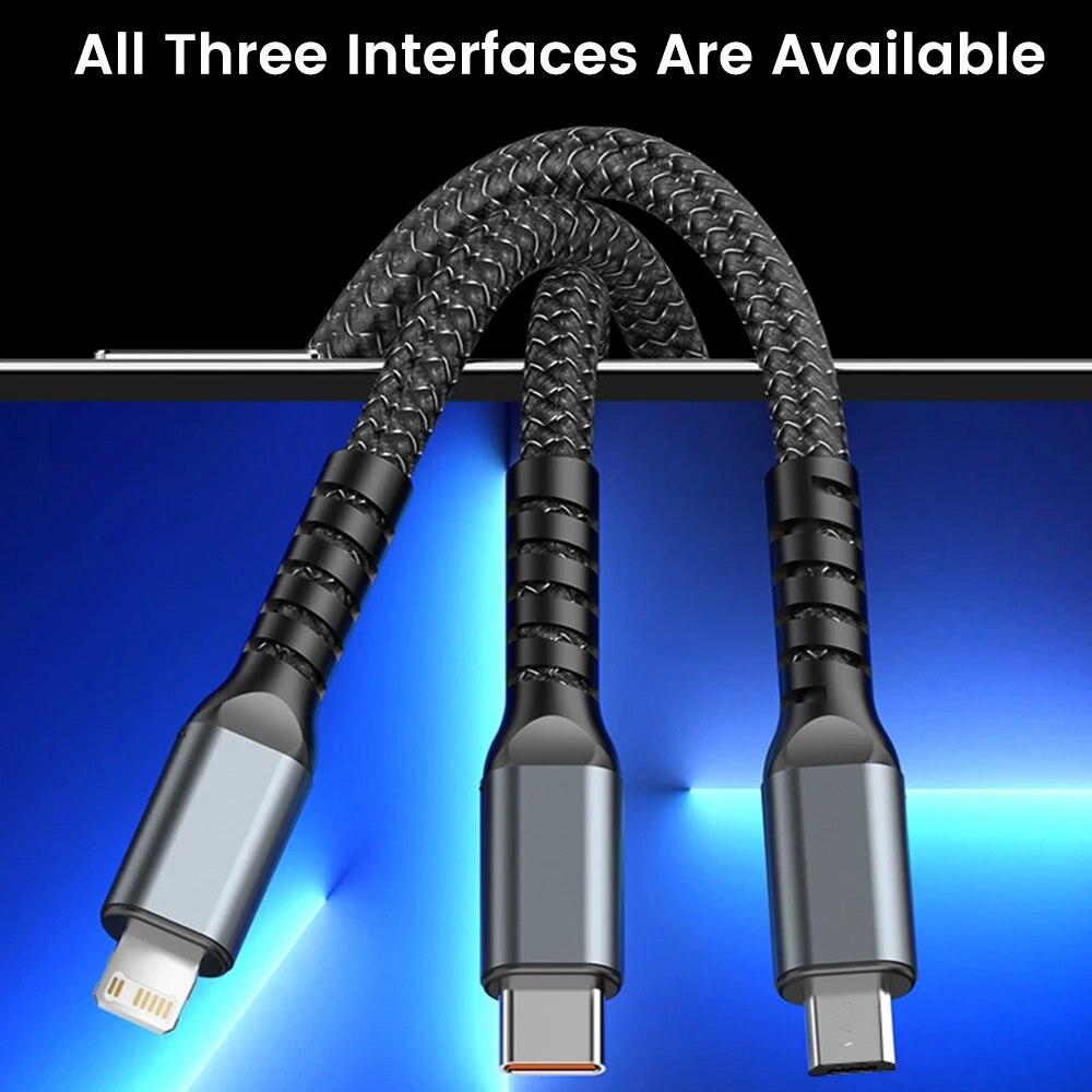 Кабель для быстрой зарядки мощностью 100 Вт с USB Type C, Micro USB и совместимостью с Lightning — длина 1,2 м, прозрачный чип, функция ночной подсветки