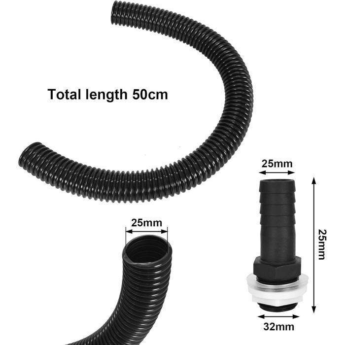 Kit raccordement citerne pluviale tuyau ondulé 25 mm 50 cm + 2 embouts, écrous et rondelles