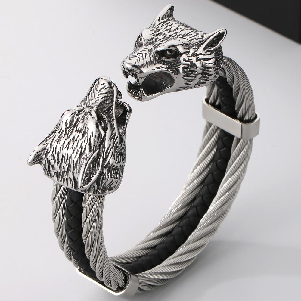 Готический эластичный двойной волчий череп открытый браслет-манжета для мужчин 12 мм витая цепочка сплошной из нержавеющей стали мужские браслеты