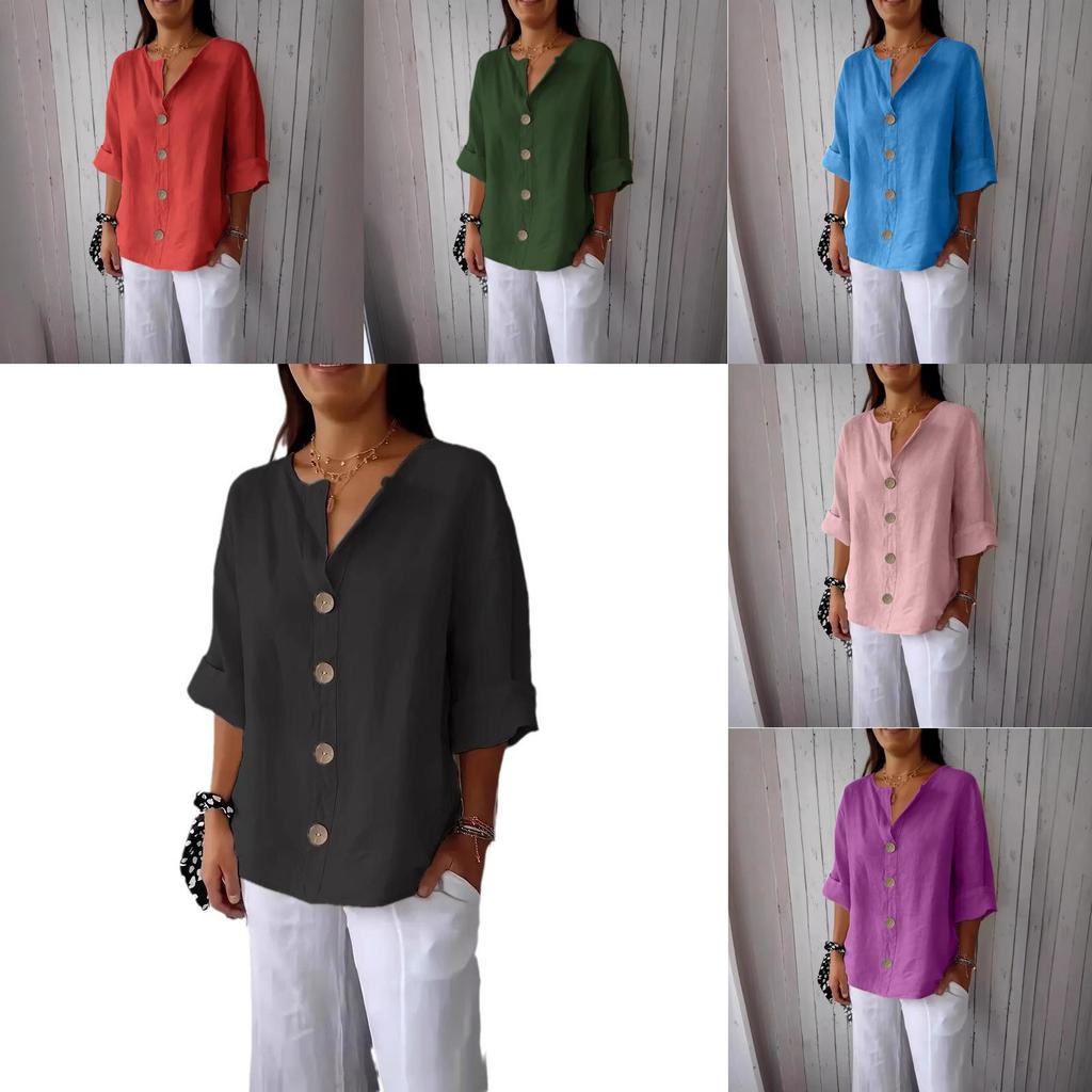 Linen Cotton Buttonup Shirt For Women With Loose Fit And Mandarin Collar For Casual Summer Wear