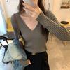 Korean Chic White V-Neck Slim Knit Long-Sleeve Top for Women - Autumn/Winter