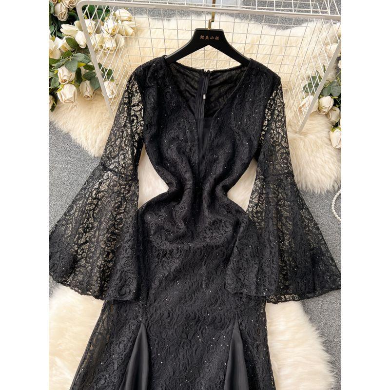 Accessible Luxury Lace Dress Niche Style Bell Sleeve Sequin