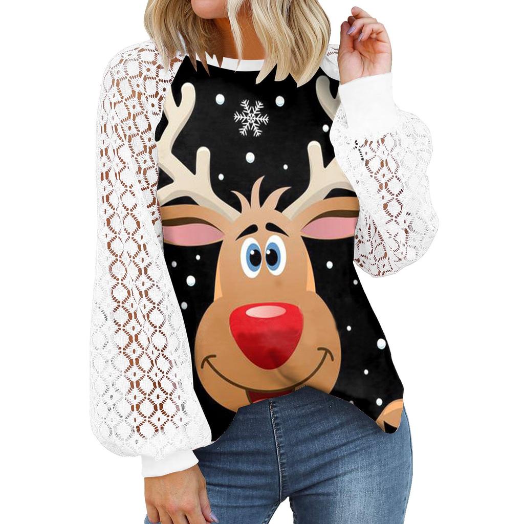 Женские Рождественские Топы с Длинным Рукавом Кружевные Повседневные Свободные Блузки Футболки Туники