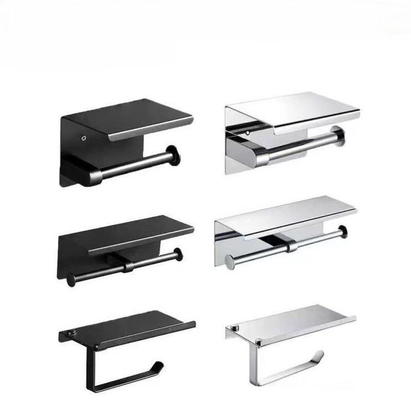 Punch-Free Stainless Steel Bathroom Tissue Holder with Phone Shelf
