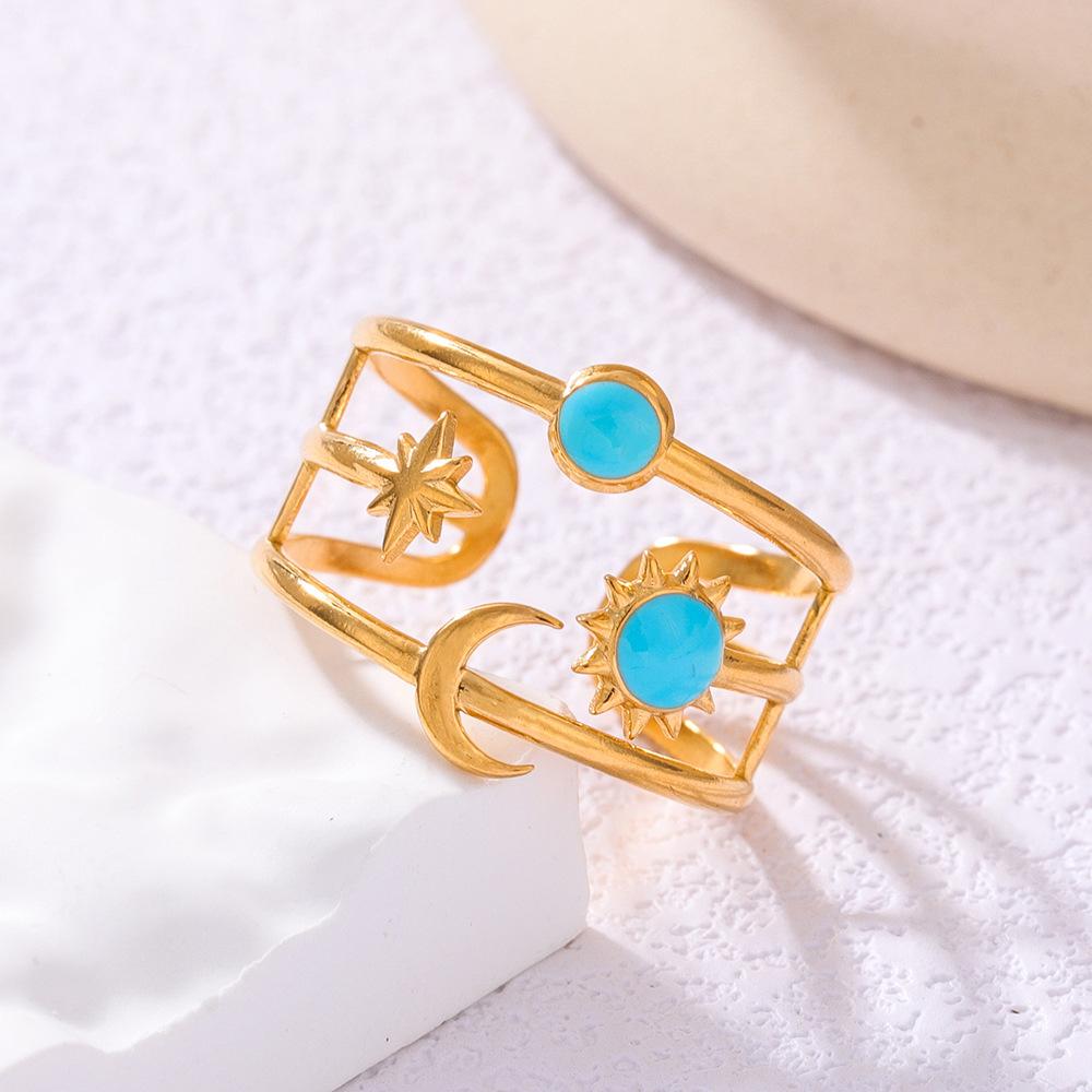 Регулируемые кольца из нержавеющей стали со дизайном «Звезда, Луна, Солнце» с тремя витками, открытое кольцо с бирюзой для мужчин и женщин, изысканный ювелирный подарок