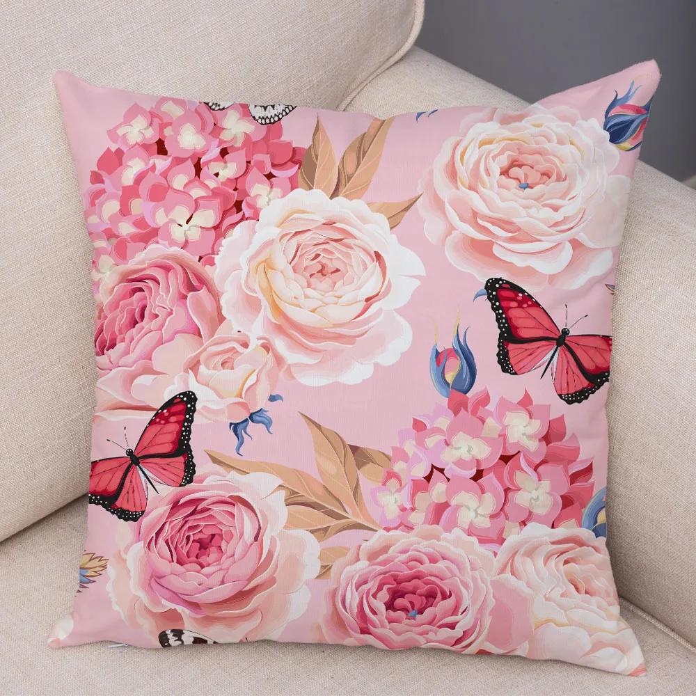 Nordic Style Rose Flower And Birds Pillow Case Cushion Cover For Car Sofa Super Soft Plush Decor Flower Plant Animal Pillowcase