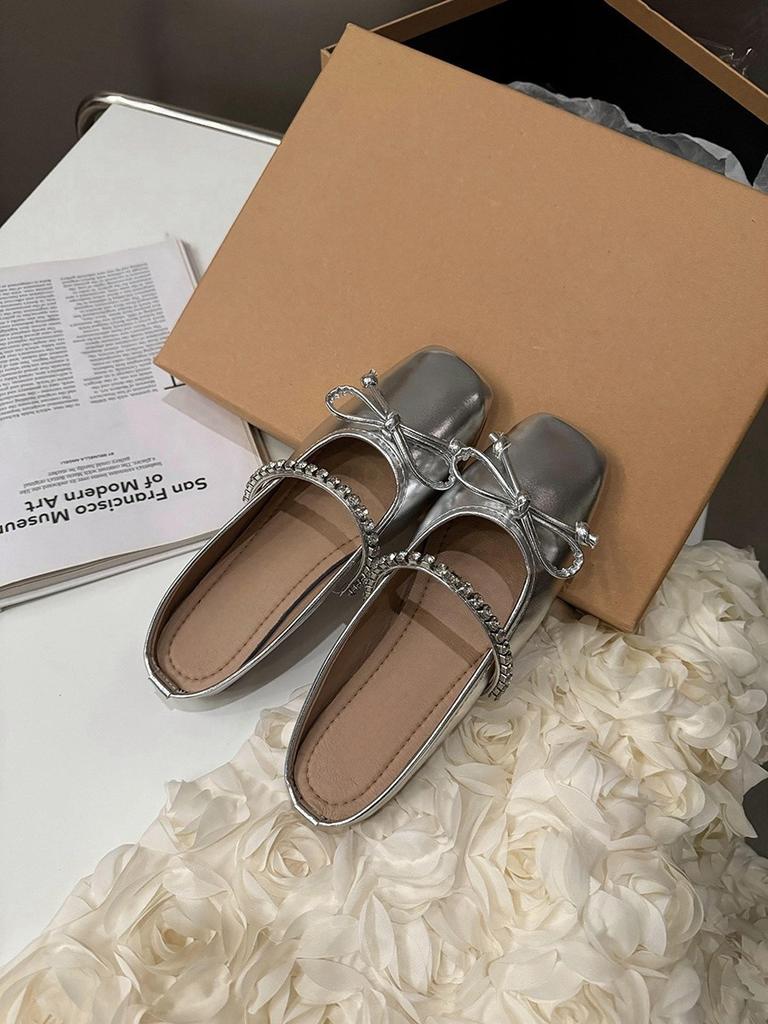 Плоские серебристые нежные полутапочки с сумочкой на голове, туфли-феи, новинка 2024 года, весенние и летние туфли с бантом