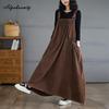 Korean Style Autumn Winter Women Plus Size Midi Sundress Suspenders Brown Blue Green Casual Loose Dress Sleeveless Stylish Baggy Denim Dress