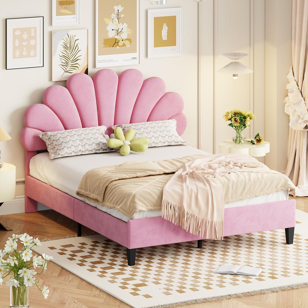 Upholstered Double Bed 140 x 200 cm, Frame with Flower-Shaped Headboard and Slatted Frame, Adult-Youth in Skin-Friendly Velvet Fabric, Guest Bed Pink