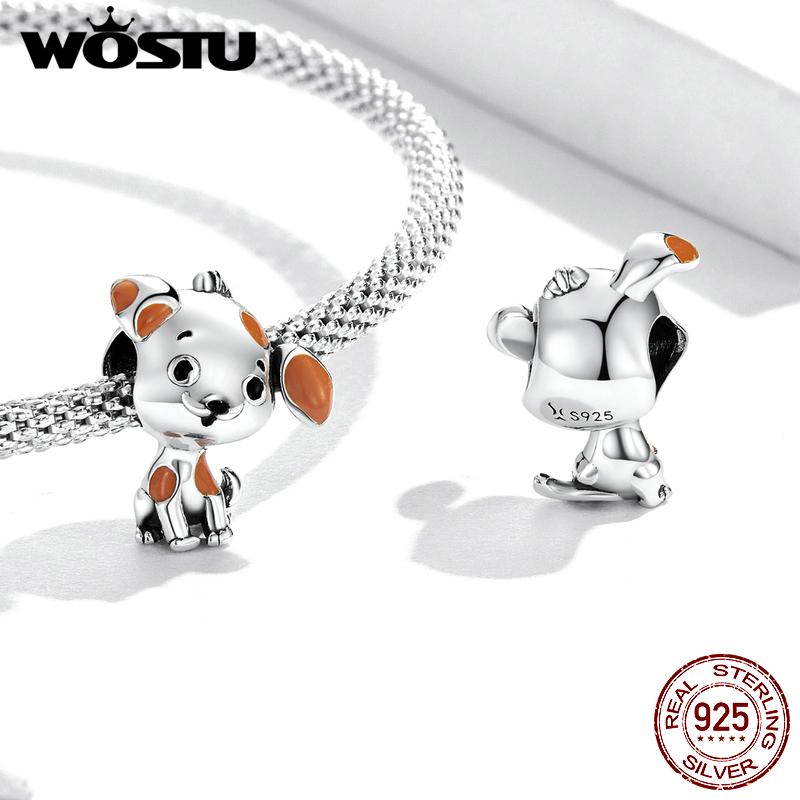 WOSTU 925 Sterling Silver Animal Puppy Cute Dog Bead Charm for Bracelet Women DIY Fashion Jewelry Enamel Pet Bead Accessories