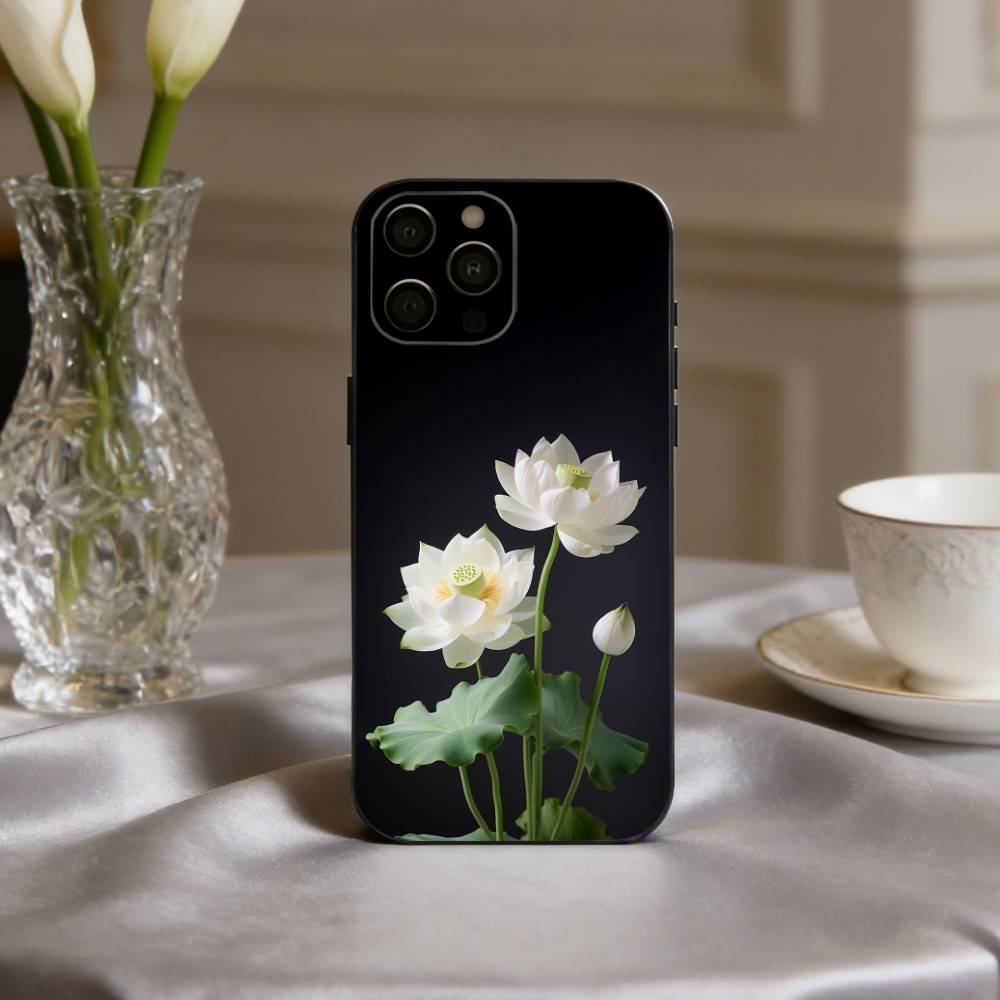 E-Emerald W-White Lotus Phone Case For iPhone 17,16,15,14,13,12,11 Plus,Pro Max,XS,Soft Silicone Black Cover