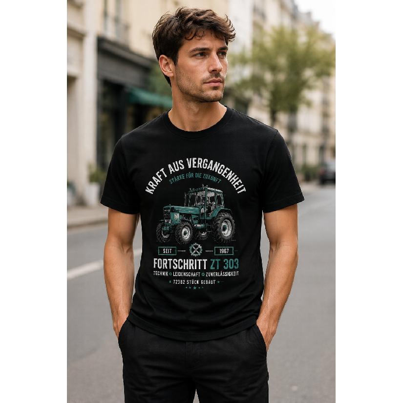Men's Black Short Sleeve Crew Neck T-Shirt with Vintage Tractor Graphic, Relaxed Fit Cotton Blend for Casual Farming Enthusiast Wear
