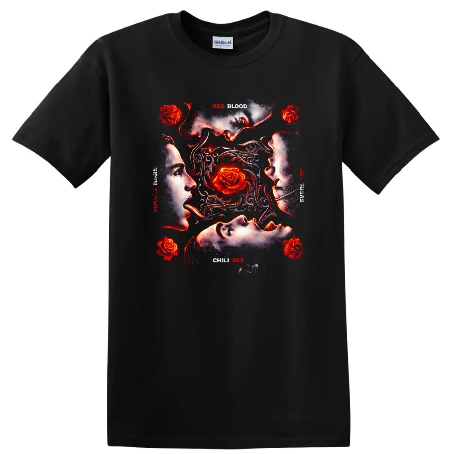 Red Blood Vintage Art T Shirt with Rose Design and Chili Sex Theme Tee
