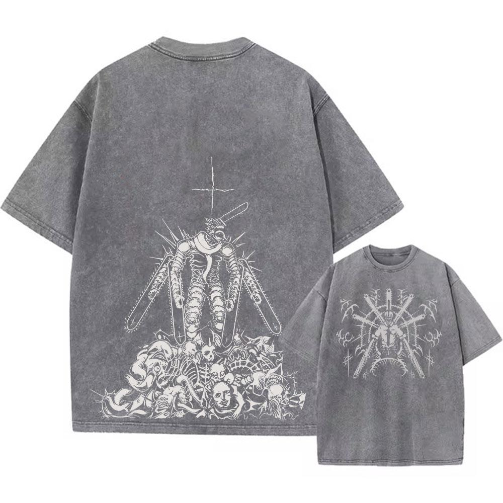 Аниме Футболки Chainsaw Wash Мужские Винтажные Выстиранные Футболки Харадзюку Оверсайз Хлопковая Футболка Хлопковая Мода Уличная одежда Унисекс Топ