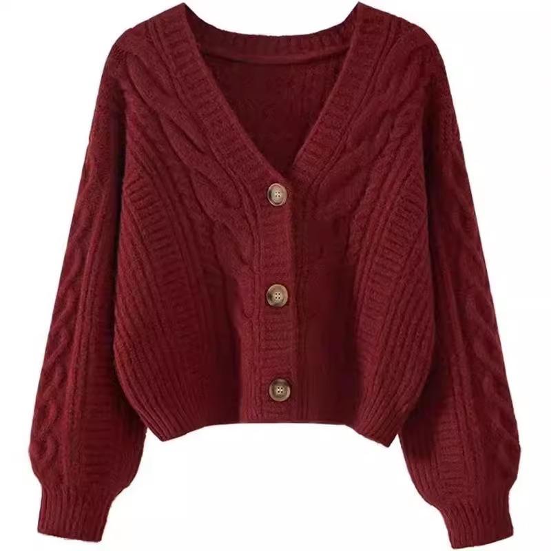 Gentle Wear V-neck Twist Sweater Women's Autumn and Winter Wear Small Lazy Wind Knitted Cardigan Short Coat Top