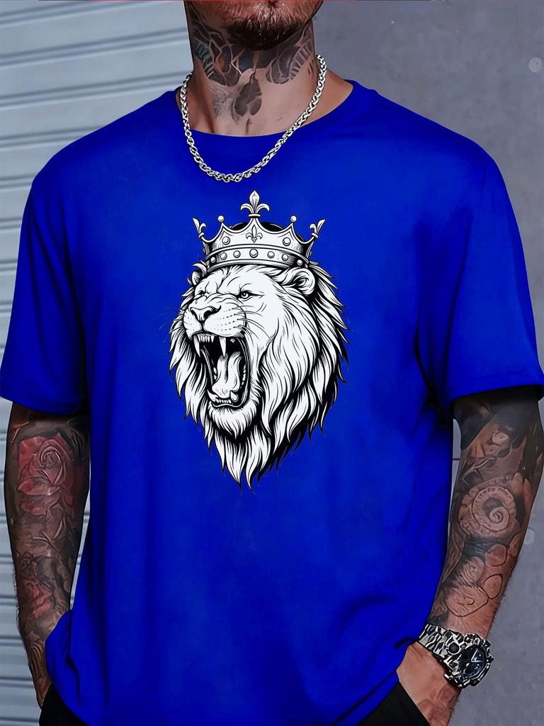 Unisexs Summer Tee Crown Lion King Sketch Print Short Sleeve Soft Street Top for Trendy Powerful Male Daily Fashion Wear Tops