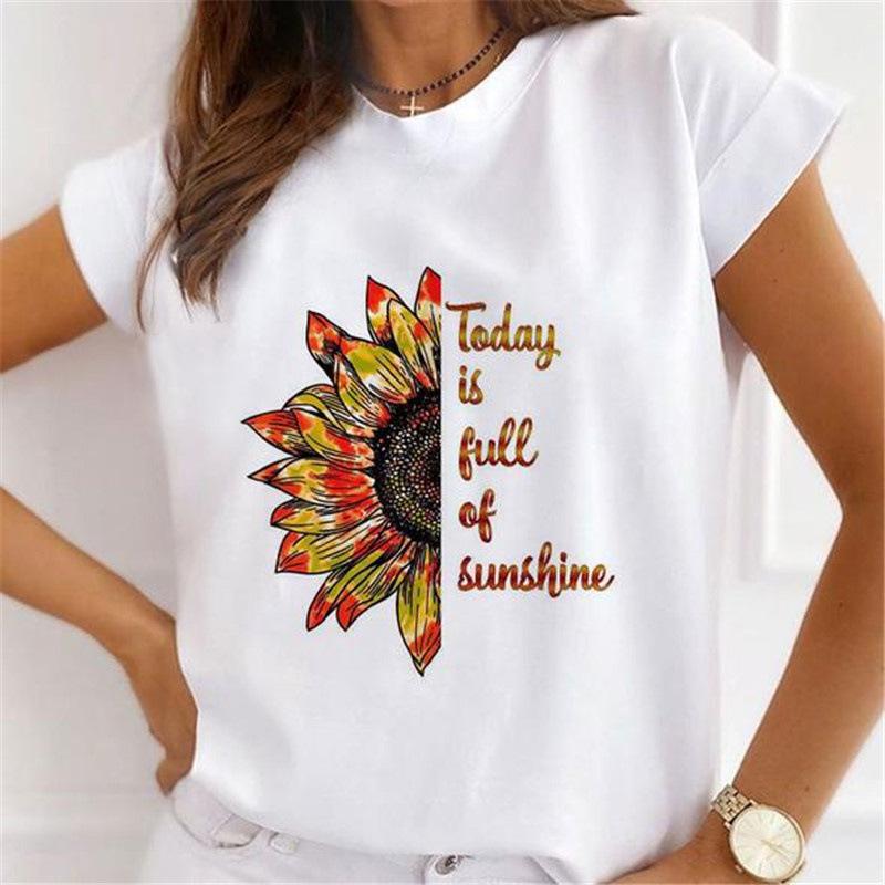 Explosive Sunflower Flower Base Casual White Shortsleeved Womens Tshirt Oversized T Shirt Harajuku Tops