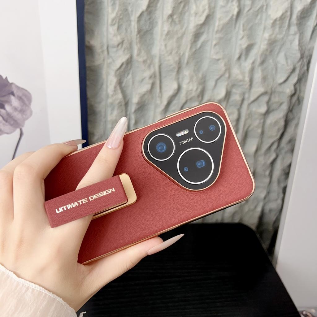 Для Huawei Pura 80 70 Pro Plus Ultra Чехол из натуральной кожи Защита объектива камеры Держатель для пальцев Металлическая подставка Гальваническое покрытие