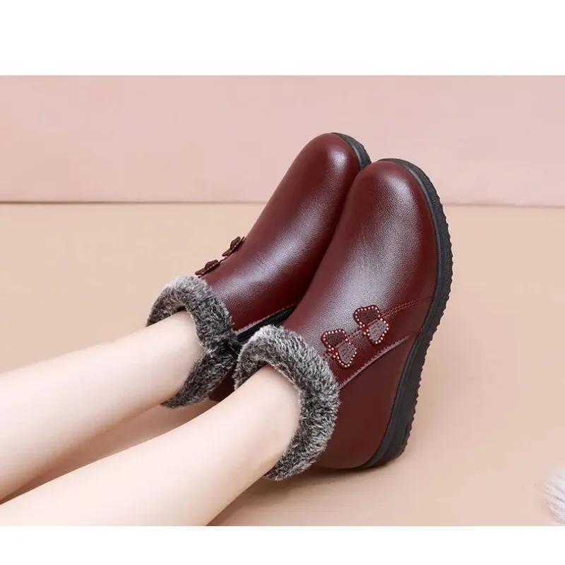 Модные плюшевые теплые кожаные женские ботинки женские ботильоны зимние ботинки водонепроницаемые нескользящие женские зимние толстые кожаные ботинки
