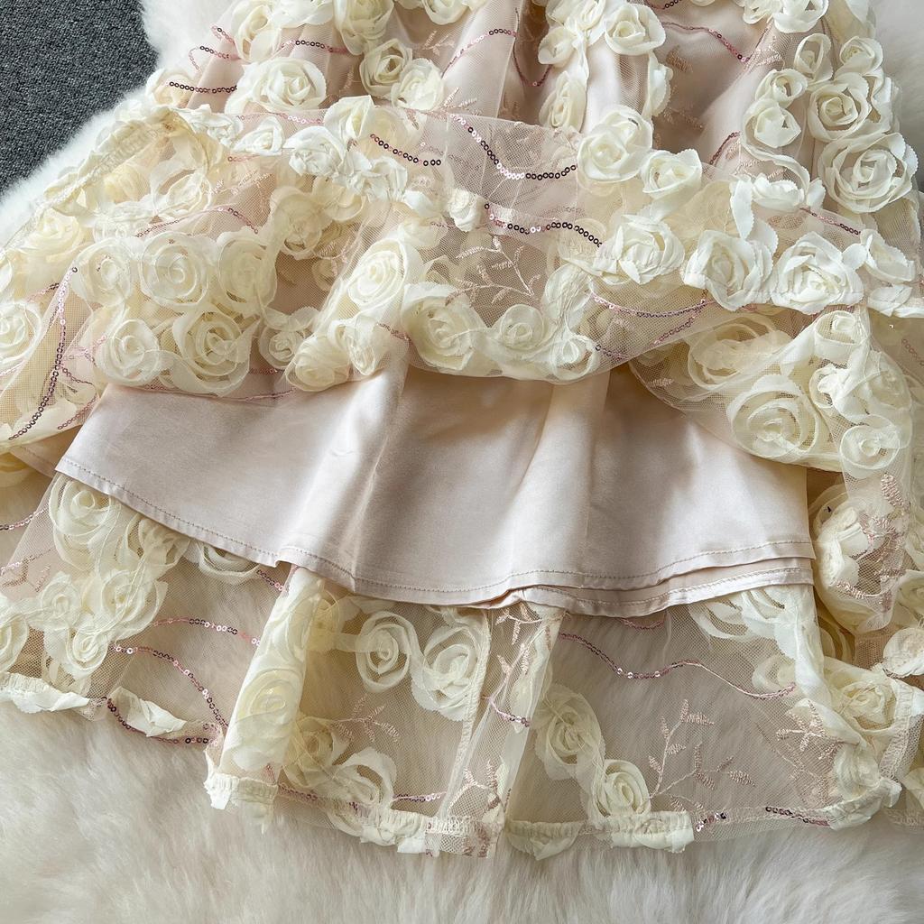 Summer Elegant Fairy Sequined Embroidery Flower Dress Women Chic Mesh Floral Lace Up Midi Evening Birthday Party Dresses