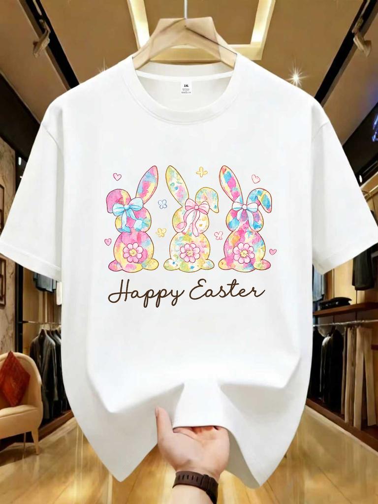 Wds01480 Floral Bunnies Retro Graphic Plus Size Unisexs Printed Crew Neck Tshirt Summer Casual Short Sleeve Top Street Style