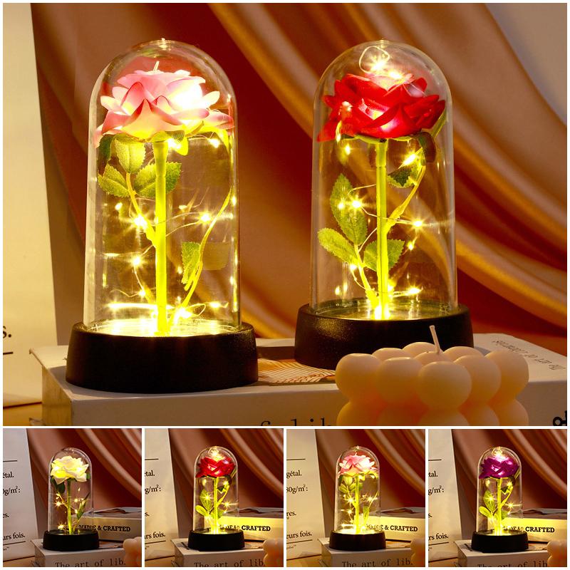 Eternal Rose Flower Glow Rose In The Glass Artificial Flower Desk Accessorie Flower With Box Mother'S Day Birthday Gifts