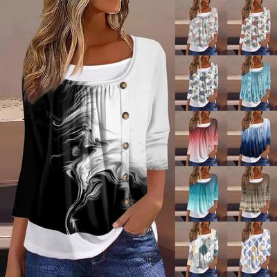 Женская футболка Футболка с принтом Рукав 3/4 Искусственные двойки Повседневные Выходные Мода Базовый Обычный Топ