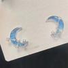 Korean Simple Blue Star Moon Stud Earrings for Women Exquisite Shiny Zircon Asymmetric Tassel Earrings Party Jewelry