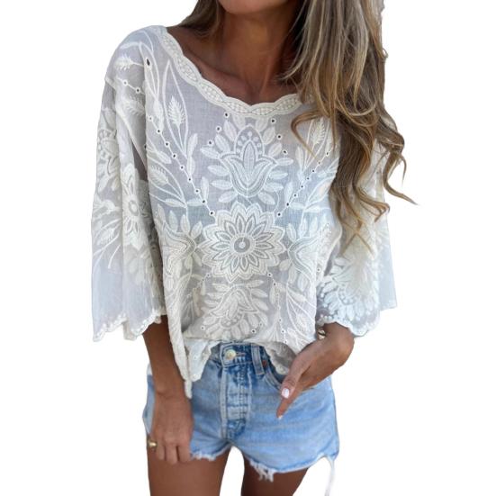 Женские топы с круглым вырезом и рукавами 3/4, свободная посадка, украшенная кружевом, повседневная рубашка, однотонные дышащие нестандартные топы