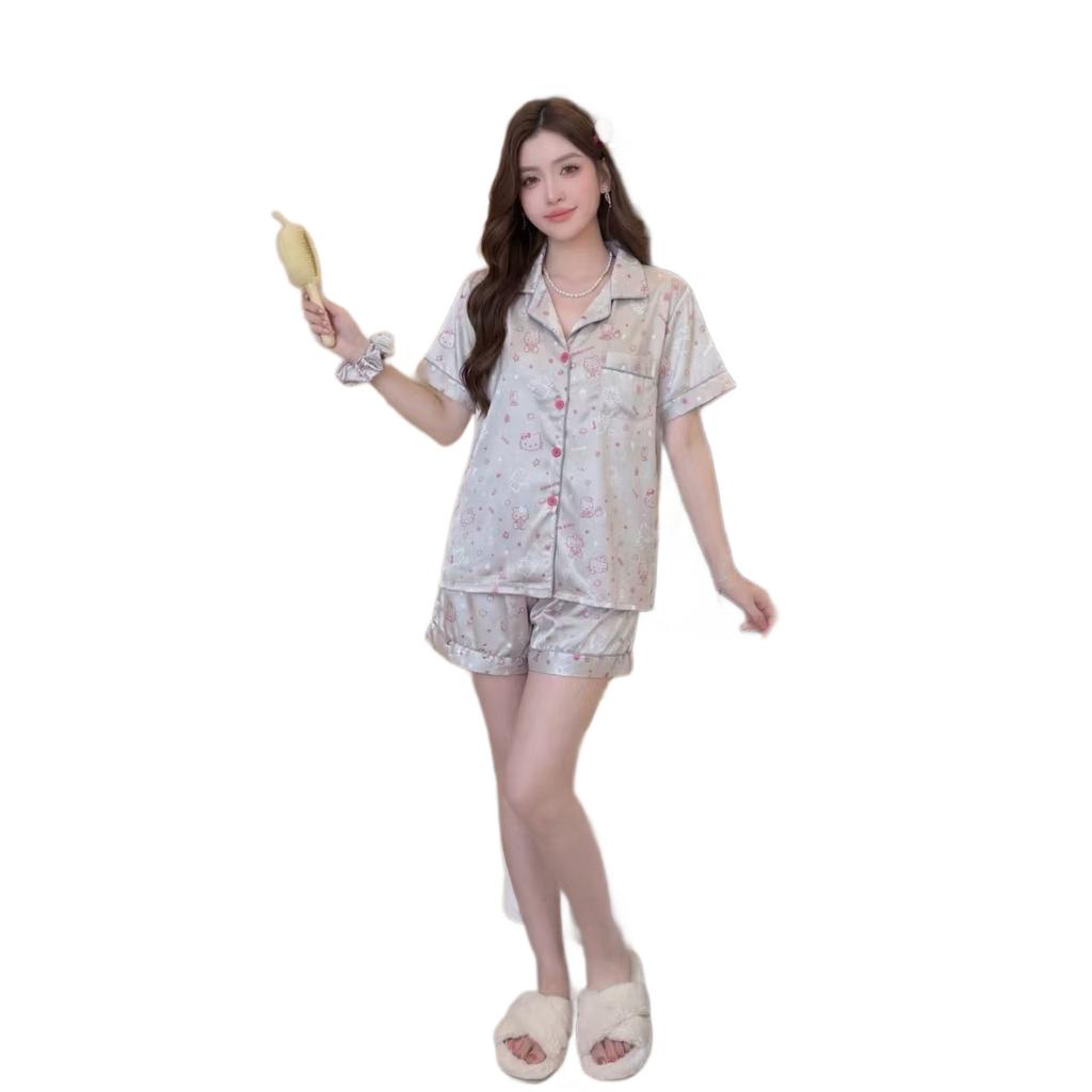 New cartoon KT ice silk pajamas women's short-sleeved shorts cardigan loungewear satin suit cute Korean version summer thin