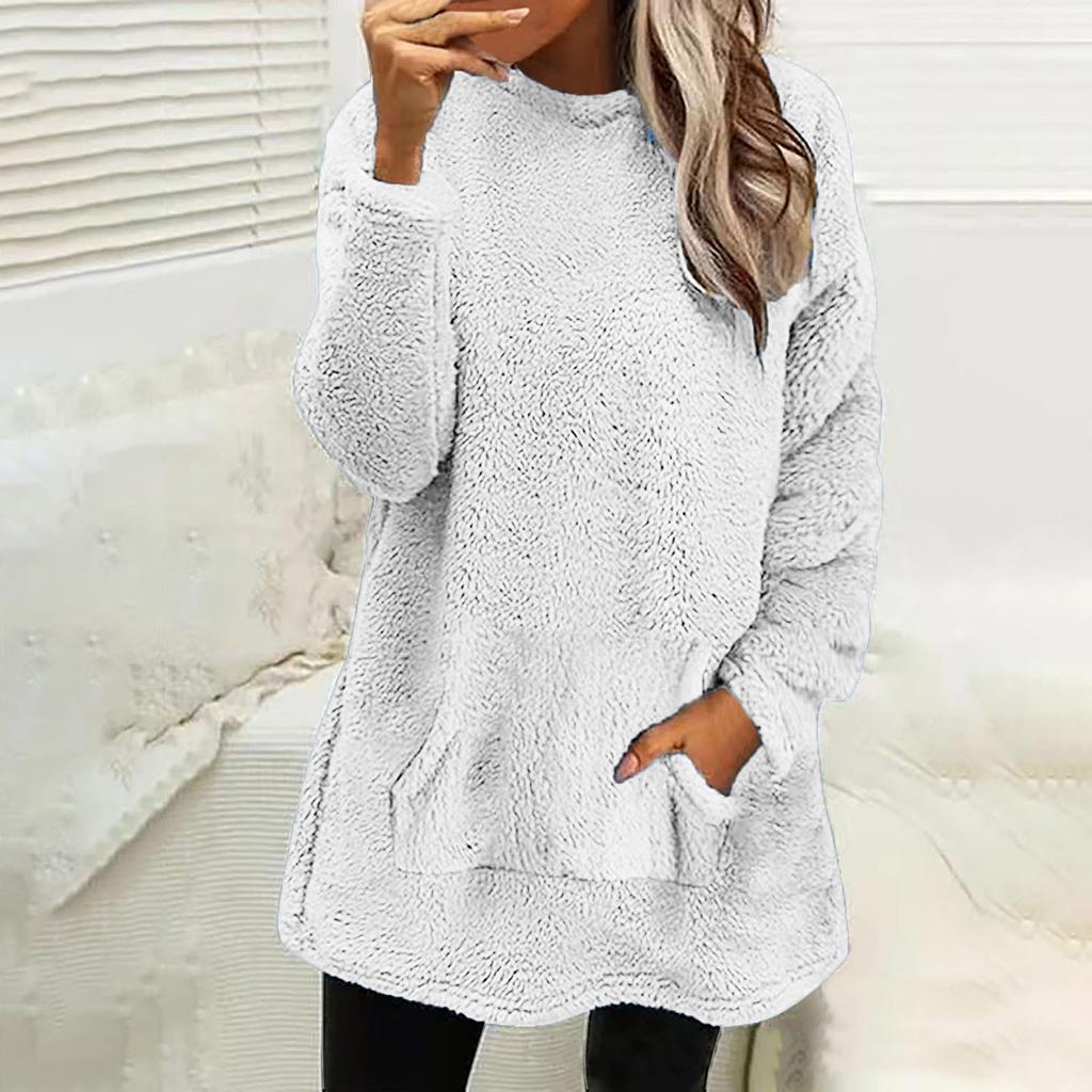 Женская модная повседневная толстовка с длинным рукавом и карманом из двухстороннего бархата с круглым вырезом