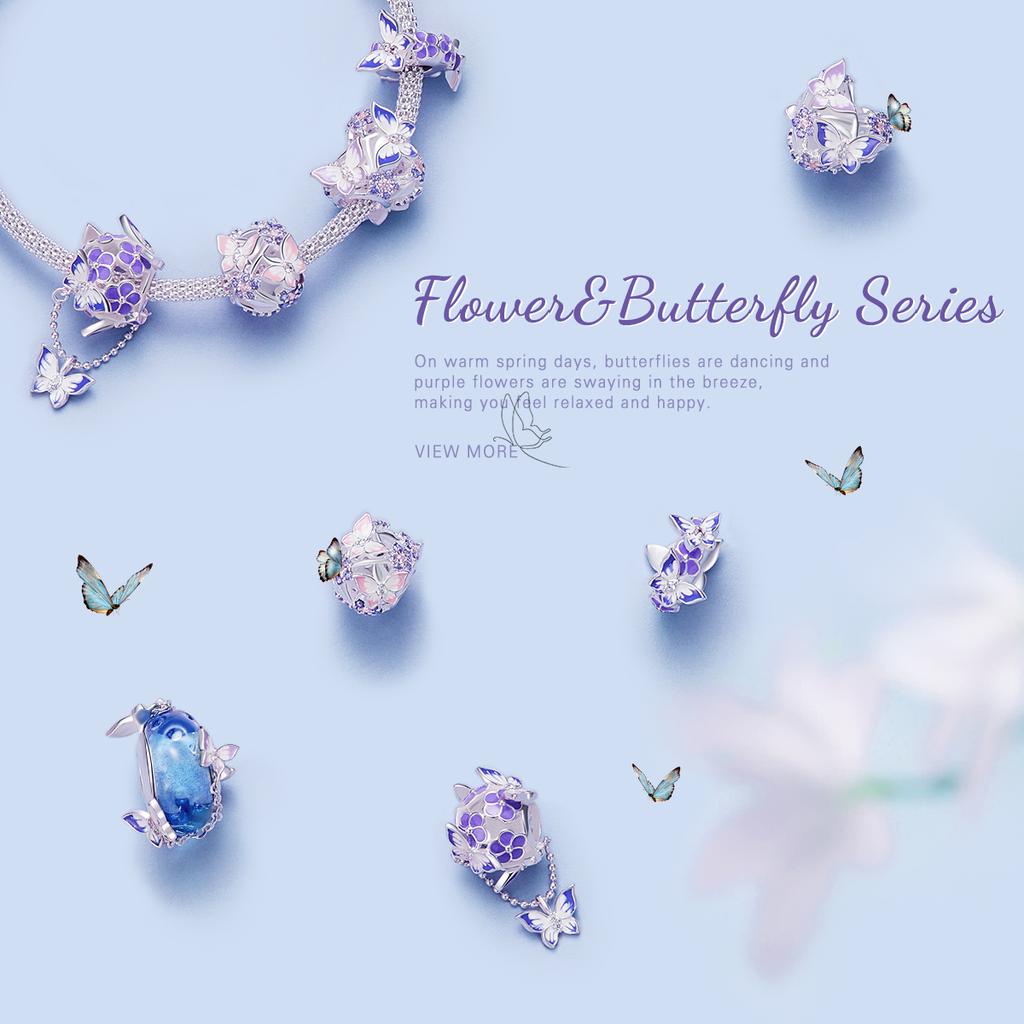 WOSTU Стерлингового Серебра 925 пробы, мистический фиолетовый цветок, подвески, бусины, защитная цепочка в виде бабочки, подходит для оригинального браслета, DIY ожерелье, ювелирные изделия