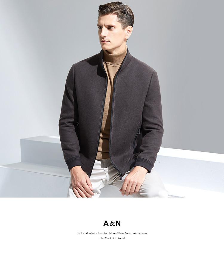 Light luxury stand up collar woolen jacket with thickened cotton and wool, men's solid color business casual autumn and winter warm jacket