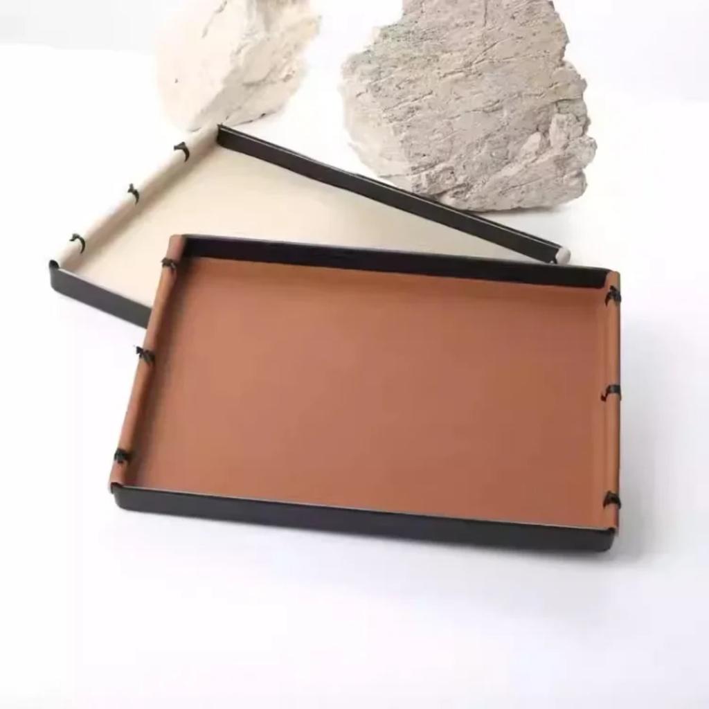 Роскошный прямоугольный кожаный поднос для хранения, поднос для ароматерапии с узлом ручной работы, украшение для дома, декор для стола в гостиной