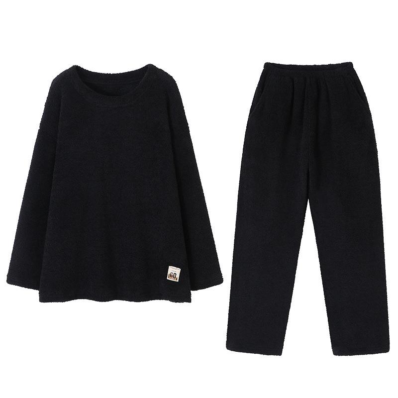 Пижама Женская Зимняя Полуфлисовый Комплект Черный Осень И Зима Флис Утолщенный Коралловый Флис Домашняя Одежда