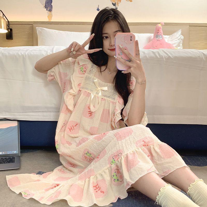 Пижамы для женщин летом милые тканые хлопковые пижамы в стиле принцессы с короткими рукавами для женщин летом тонкая весенне-осенняя домашняя одежда