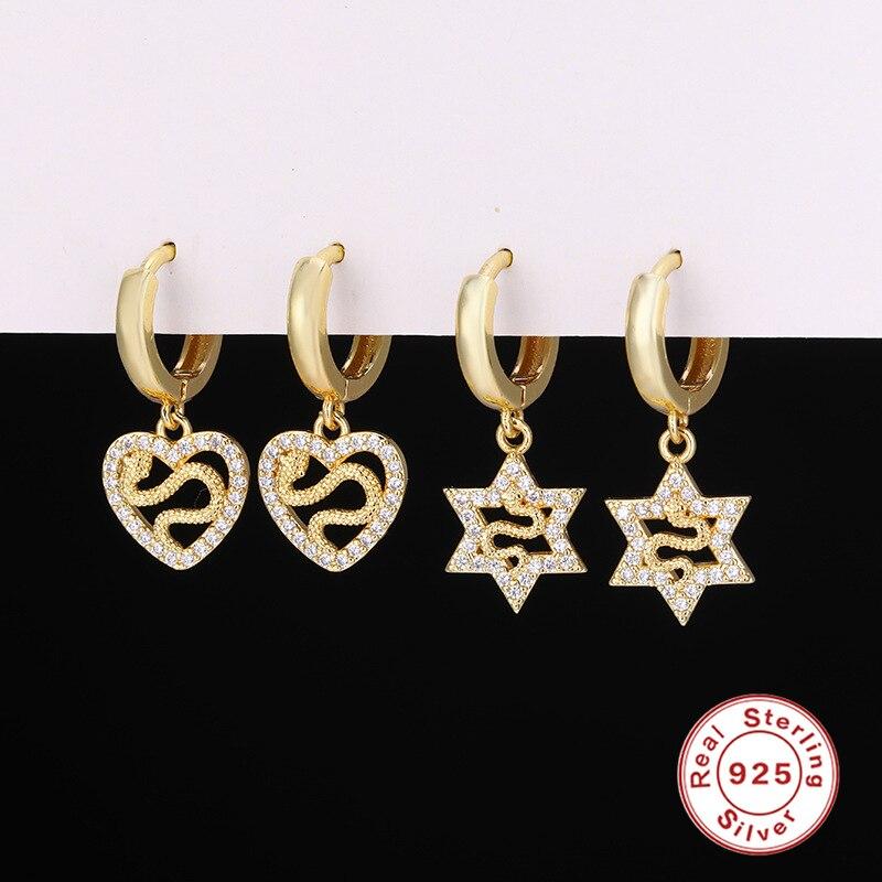 Европейские и американские винтажные серьги из стерлингового серебра 925 пробы с подвеской в виде змеиного сердца и цирконием для женщин и девочек