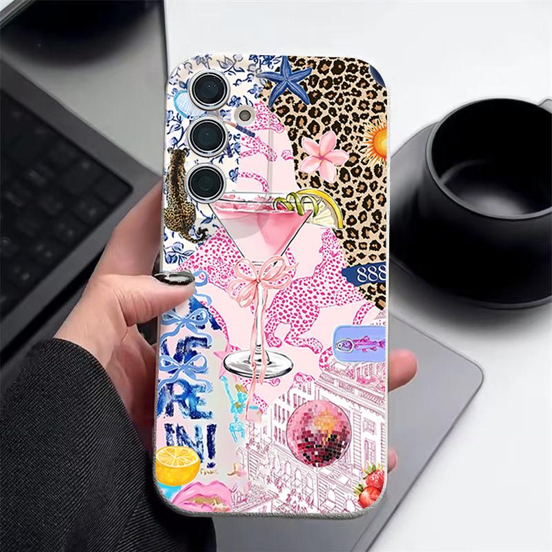 Pink Goblet Bowknots Disco Ball Pattern Case For Samsung Galaxy A57 A56 A55 A54 5G A37 A36 A35 A34 A17 A16 A15 A14 Leather Texture Silicone Cover