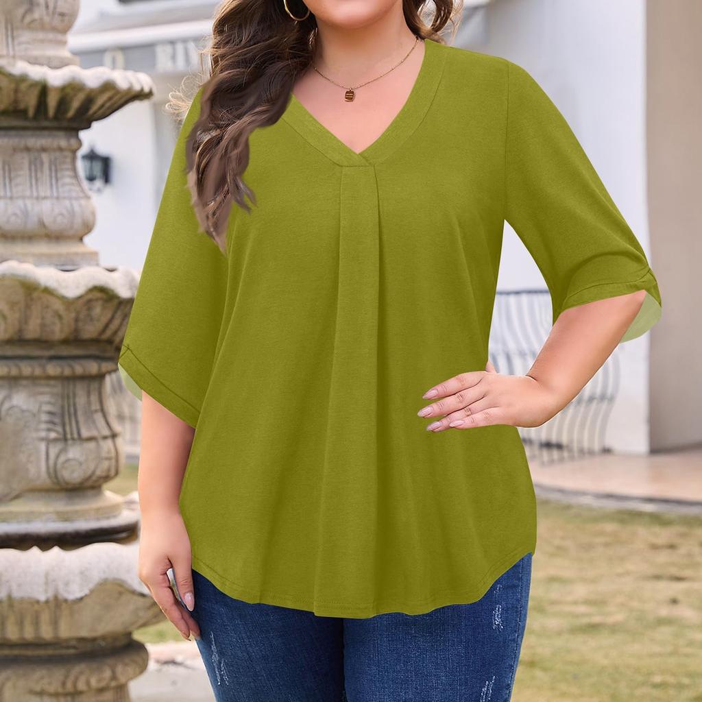 Женская мода Большой размер Однотонный топ с V-образным вырезом и рукавом три четверти